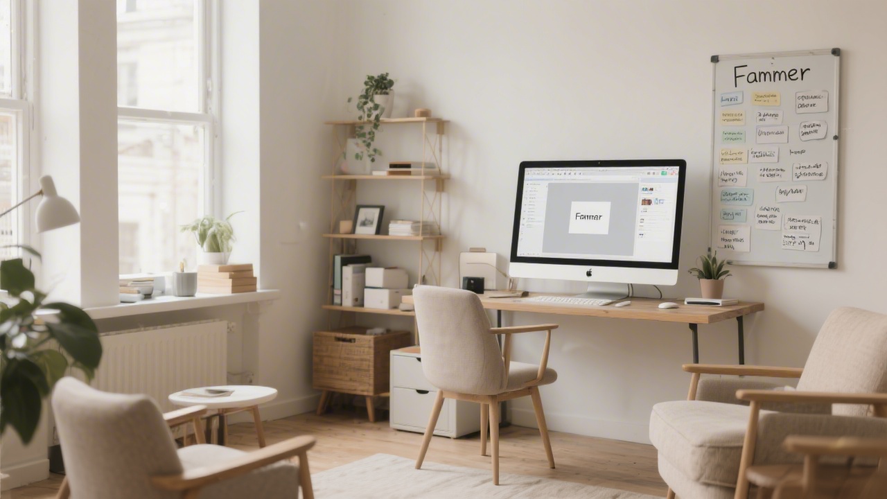 Cozy design studio with a large monitor showing a Framer project, minimal furniture, neutral tones, and a whiteboard filled with product discovery notes.