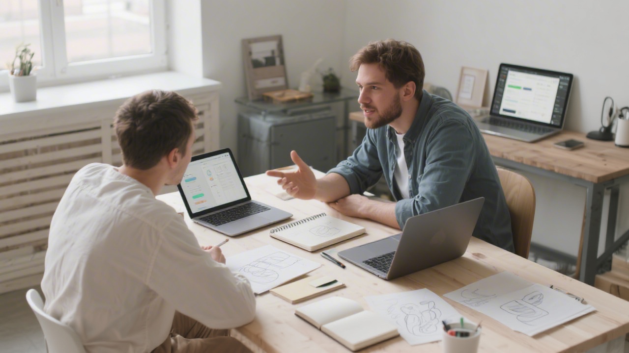 Two designers collaborating at a table with laptops, sketchbooks, and prototype screens, discussing UI details in a calm, professional atmosphere.